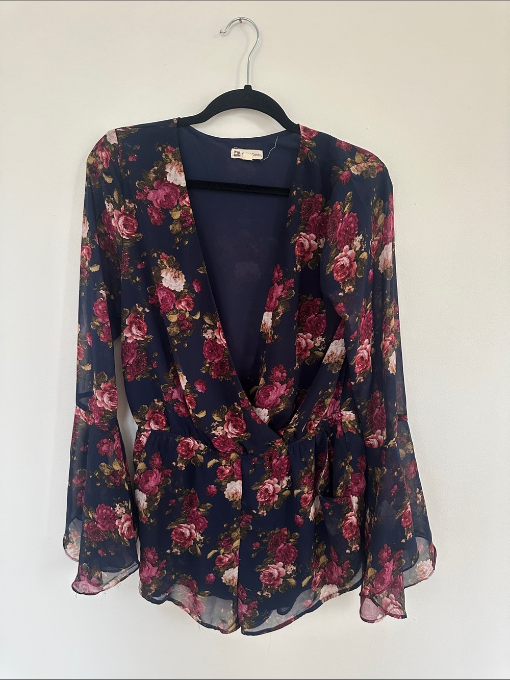 Cotton On Navy Floral Wrap Blouse with Pink Roses